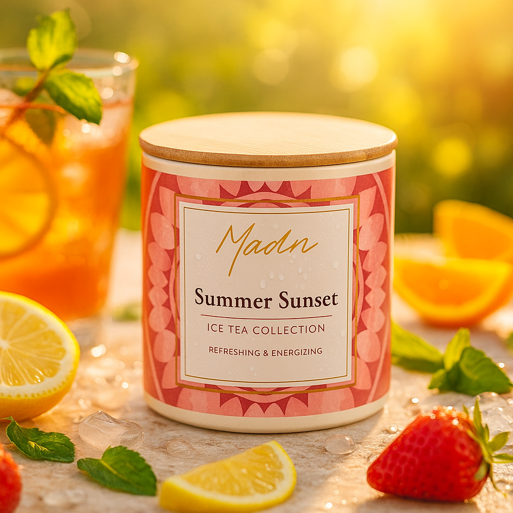 Madn ‘Summer Sunset’ Ice Tea Collection tin with wooden lid, surrounded by ice, lemon slices, strawberries, and mint in warm sunset light.